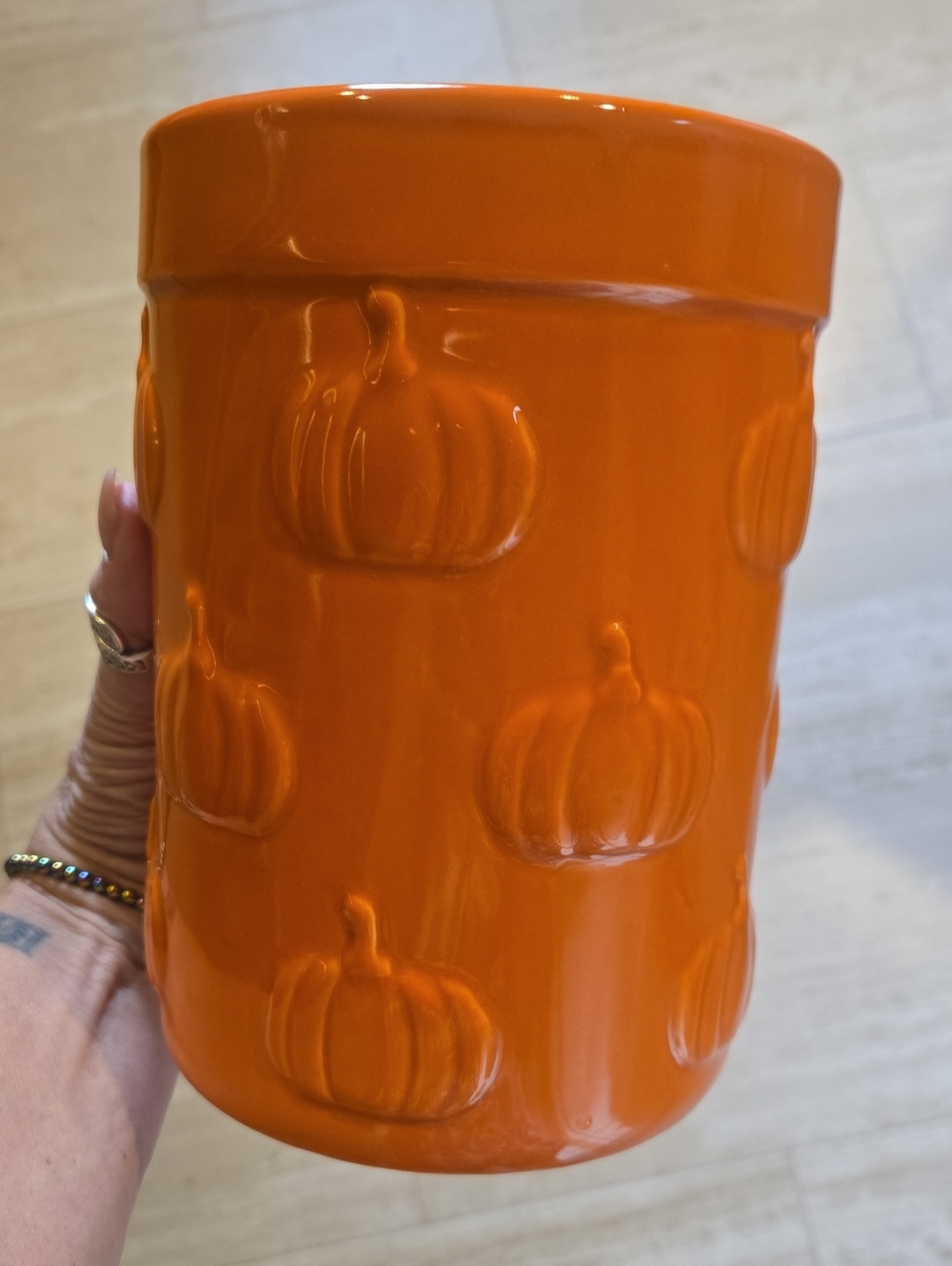 Orange Embossed Pumpkin Ceramic Utensil Holder/Crock